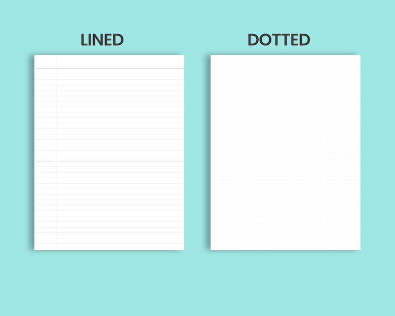 May include: Two white sheets of paper, one with lined paper and the other with dotted paper. The paper is on a light blue background. The words "LINED" and "DOTTED" are above the sheets of paper.