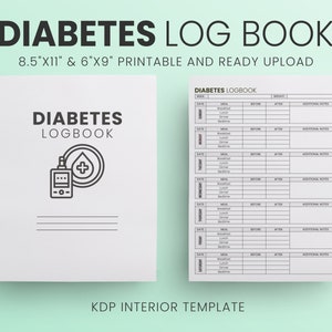 May include: A printable diabetes log book template with a black and white illustration of a blood glucose meter and a drop of blood. The template includes sections for date, meal, time, blood sugar readings before and after meals, and additional notes.
