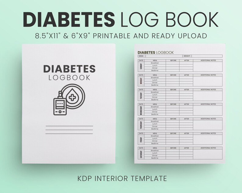 May include: A printable diabetes log book template with a black and white illustration of a blood glucose meter and a drop of blood. The template includes sections for date, meal, time, blood sugar readings before and after meals, and additional notes.