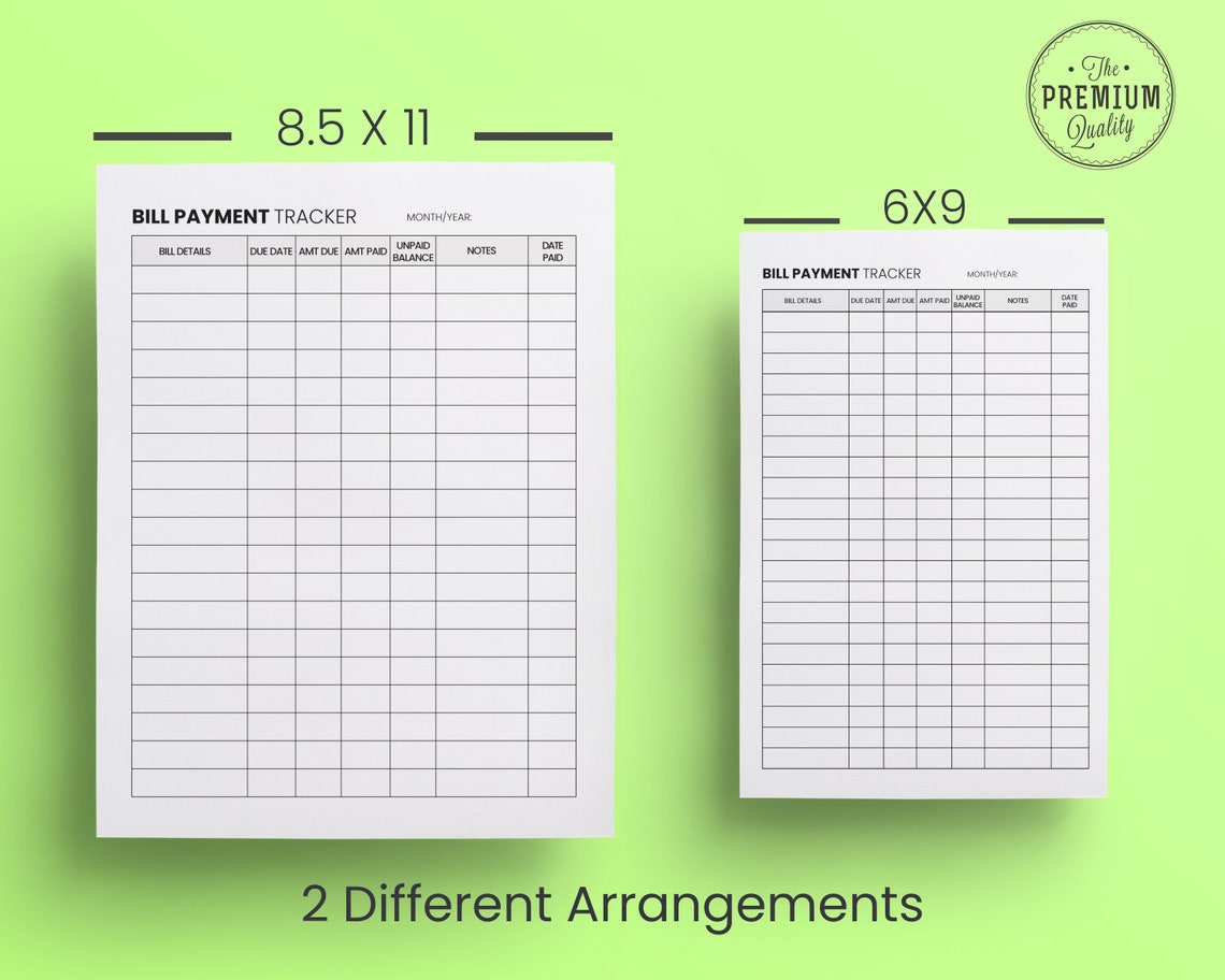 Bill Payment Tracker 6x9 and 8.5X11 Inches Printable Template Ready to ...