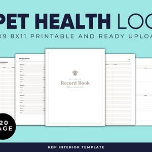 May include: A pet health log template with the text "PET HEALTH LOG" in navy blue. The log includes pages for vaccinations and medications. The cover of the record book has a paw print and the words "Record Book". The template is 15.24 x 22.86 and 20.32 x 27.94 cm.