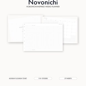 May include: Digital planner for 2026, titled "Novonichi," inspired by Hobonichi weekly planners. The image shows a white planner with grid and calendar pages. Includes 110+ stickers and 27 inserts. Features "Monday & Sunday Start" and is an instant download.