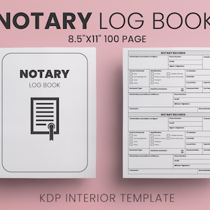 Puede incluir: Una imagen en blanco y negro de una plantilla de libro de registro de notario. La portada del libro tiene el texto "NOTARY LOG BOOK" y una imagen estilizada de un documento con un sello. Las páginas interiores del libro tienen un formulario para registrar los servicios notariales. El texto "NOTARY RECORDS" está en la parte superior del formulario. El formulario incluye campos para el nombre y la dirección del firmante, el tipo de servicio realizado, el tipo de identificación presentado y la fecha y hora del servicio. El texto "KDP INTERIOR TEMPLATE" está en la parte inferior de la página.