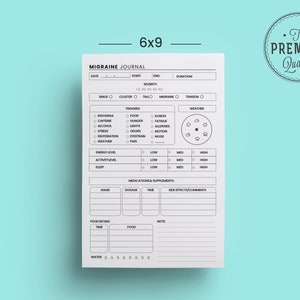 May include: A white 6x9 migraine journal with sections for date, triggers, and medications. Includes a weather section and a "The Premium Quality" seal. The journal is designed for tracking migraine symptoms.