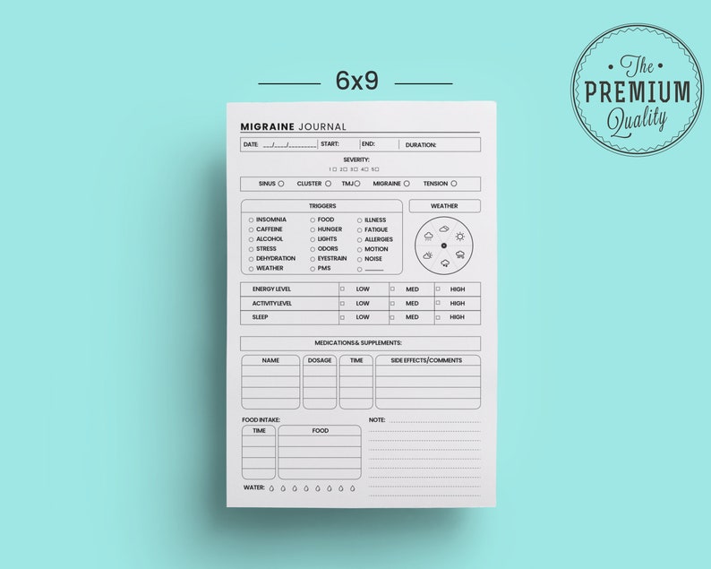 May include: A white 6x9 migraine journal with sections for date, triggers, and medications. Includes a weather section and a "The Premium Quality" seal. The journal is designed for tracking migraine symptoms.