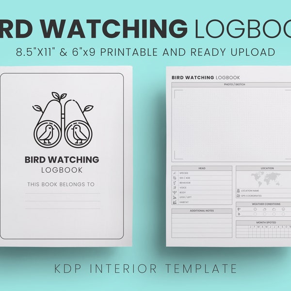 Bird Watching Logbook | KDP Interior | 8.5x11 inches (with bleed) | Commercial Use | Ready to Upload PDF KDP Interiors Low Content Book