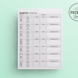 May include: A black and white printable diabetes logbook with a weekly layout. The logbook includes columns for date, meal, before, after, and additional notes. The logbook is designed to help people with diabetes track their blood sugar levels and manage their condition.