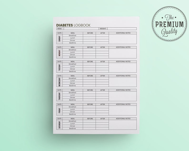 May include: A black and white printable diabetes logbook with a weekly layout. The logbook includes columns for date, meal, before, after, and additional notes. The logbook is designed to help people with diabetes track their blood sugar levels and manage their condition.
