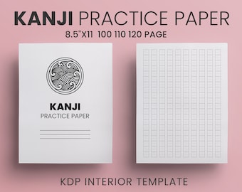 Puede incluir: Una plantilla de papel de práctica de Kanji en blanco y negro con un diseño de olas. La plantilla mide 8,5 pulgadas por 11 pulgadas y tiene 100, 110 y 120 páginas.