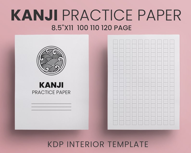 Puede incluir: Una plantilla de papel de pr&aacute;ctica de Kanji en blanco y negro con un dise&ntilde;o de olas. La plantilla mide 8,5 pulgadas por 11 pulgadas y tiene 100, 110 y 120 p&aacute;ginas.