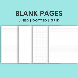 May include: Four blank pages, each with a different pattern: lined, dotted, grid, and lined. The pages are white and have a subtle shadow.