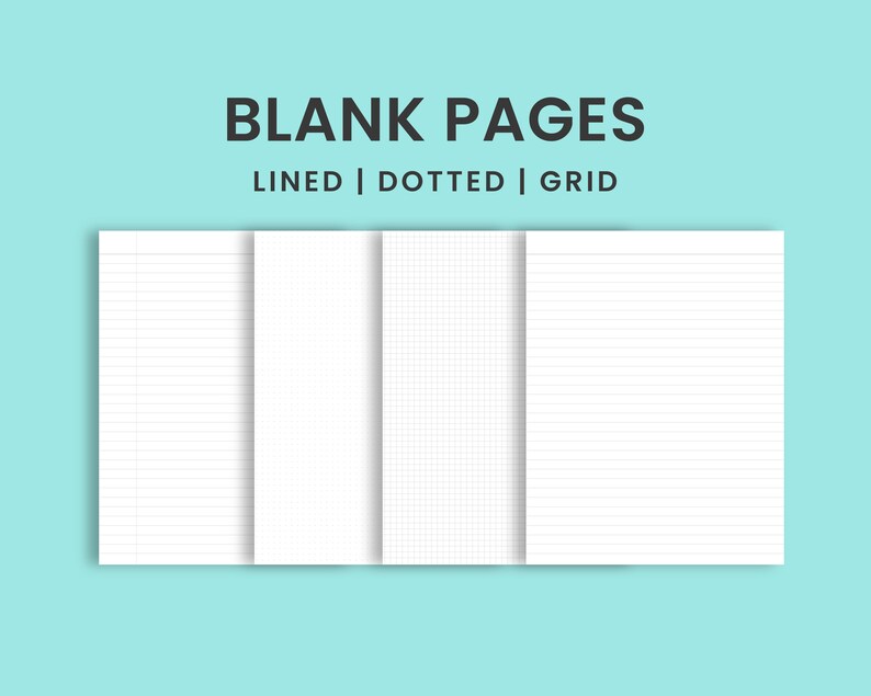 May include: Four blank pages, each with a different pattern: lined, dotted, grid, and lined. The pages are white and have a subtle shadow.