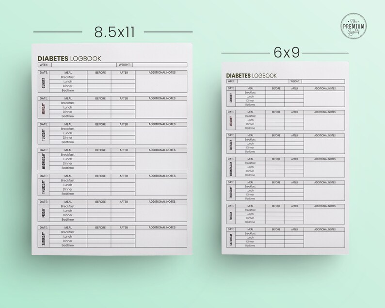 May include: Two printable diabetes logbook templates, one in 8.5x11 inches and the other in 6x9 inches. Both templates feature a weekly layout with columns for date, meal, before, after, and additional notes.