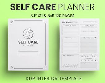 Könnte beinhalten: Ein weißer Selbstpflegeplaner mit dem Text "SELF CARE PLANNER" und einer Strichzeichnung eines Frauengesichts. Der Planer ist 21,6 cm x 27,9 cm und 15,2 cm x 22,8 cm groß und hat 120 Seiten. Die Innenseite enthält Abschnitte für Ziele, Mahlzeiten und Routinen.