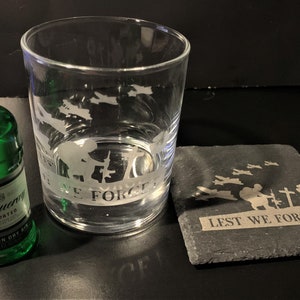 Lest we forget hand engraved whiskey tumbler glass, kneeling soldier Airplanes. lest we forget slate tile to match gift set