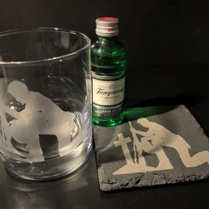 Lest we forget hand engraved whiskey tumbler glass, kneeling soldier slate tile coaster set -lest we forget gift set