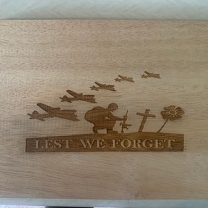 Lest we forget chopping board, airplanes with kneeling soldier gift for him for her/ Christmas gift