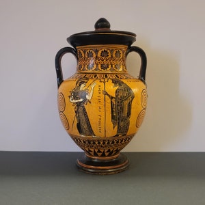 Greek Ceramic Amphora Vase, Athena and Poseidon, Dionyus and Menada, Replica, Handmade, 9.25 inches Height