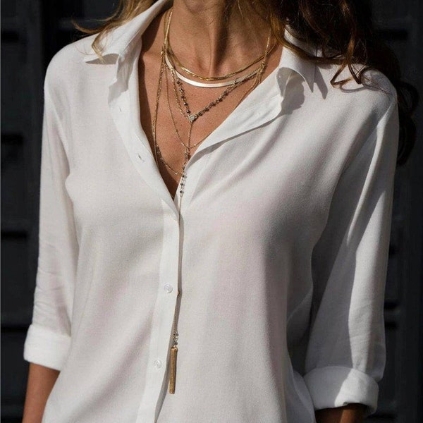 White Women Blouse Long Sleeved Top Buttoned Modern Women Shirt Solid Casual Women Blouse Color Long Sleeved Minimalist Women Tops Tees