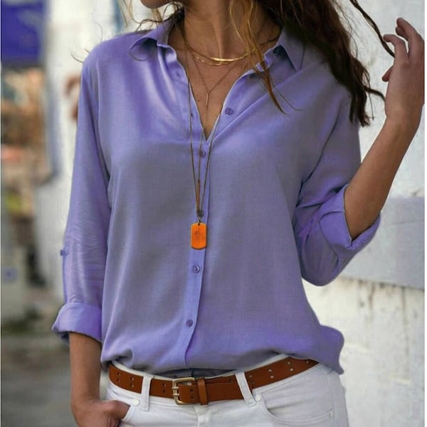 Lilac Solid Button Down Blouse Long Sleeved Button Up Shirt Modern Button Down Shirt Solid Casual Women Long Sleeved Minimalist Tops