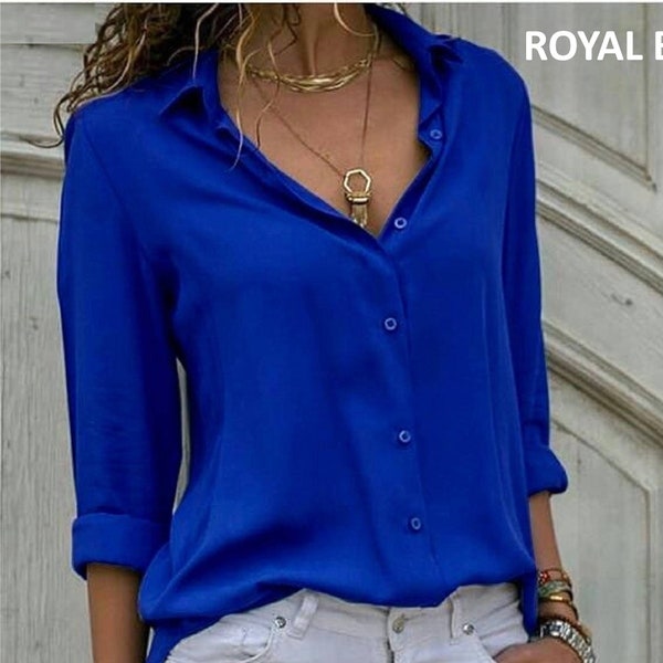 Royal Blue Button Down Shirt Long Sleeved Top Buttoned Modern Women Shirt Solid Casual Women Blouse Color Long Sleeved Minimalist Women Tops