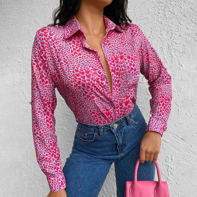 Geometric Printed Long Sleeved Top-Buttoned Shirt-Designer Top-Button Down Shirt-Womens Top-Casual Top-Minimalist Women Blouse-Modern Top PINK HEART