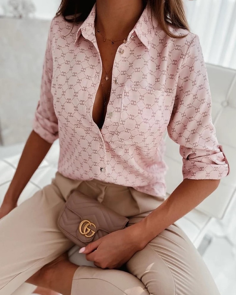 Geometric Printed Long Sleeved Top-Buttoned Shirt-Designer Top-Button Down Shirt-Womens Top-Casual Top-Minimalist Women Blouse-Modern Top SOFT PINK