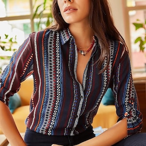 Colorful Ethnic Stripe Printed Vintage Style Long Sleeved Women Blouse-Designer Top-Button Down Shirt-Fancy Women Blouse-Modern Top