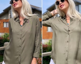 Minimalist Women Blouse Long Sleeved Top Buttoned Modern Women Shirt Solid Casual Womens Blouse Color Long Sleeved Minimalist Women TopsTees