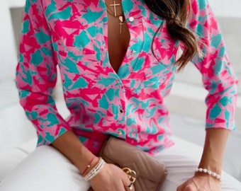 Pink Blue Geometric Long Sleeved Top-Designer Top-Button Down Shirt-Womens Top-Casual Top-Minimalist Women Blouse-Modern Top
