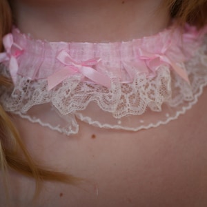 Kawaii Lolita Kitten Frilly Lace Pink White Bows Polka Dots Choker Necklace