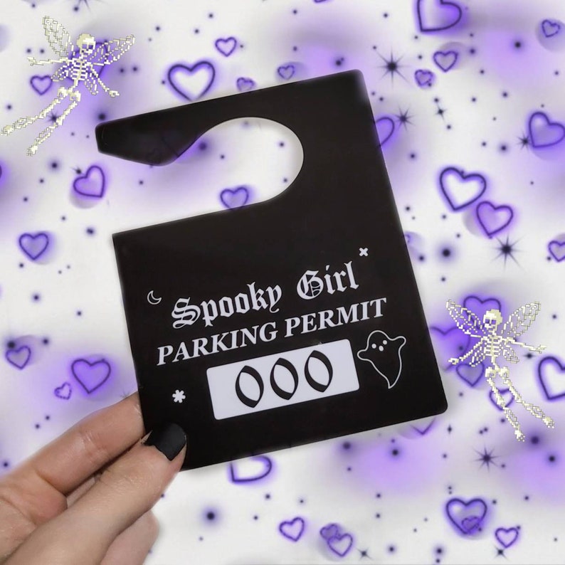 Spooky Girl Parking Permit (000) / Black Kawaii School Hangtag / Cute Car Accessories 