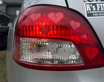 18 Assorted Broken Hearts Headlight Taillight Decals 2 Sticker Sheets Glitter Frosted Red Vinyl For Car Exterior Lights and Windows