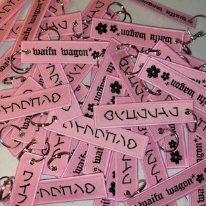 Pink Waifu Wagon Jet Tag / Japanese Flowers Fabric Keytag / Kawaii Car Girl Accessories / Cute Pink And Black Keychain
