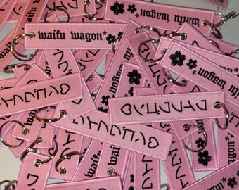 Pink Waifu Wagon Jet Tag / Japanese Flowers Fabric Keytag / Kawaii Car Girl Accessories / Cute Pink And Black Keychain