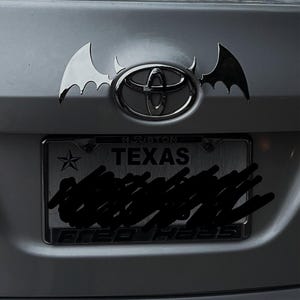 May include: A silver car with a black bat wing emblem on the back. The car has a license plate that reads "HOUSTON TEXAS" with a blacked out number.