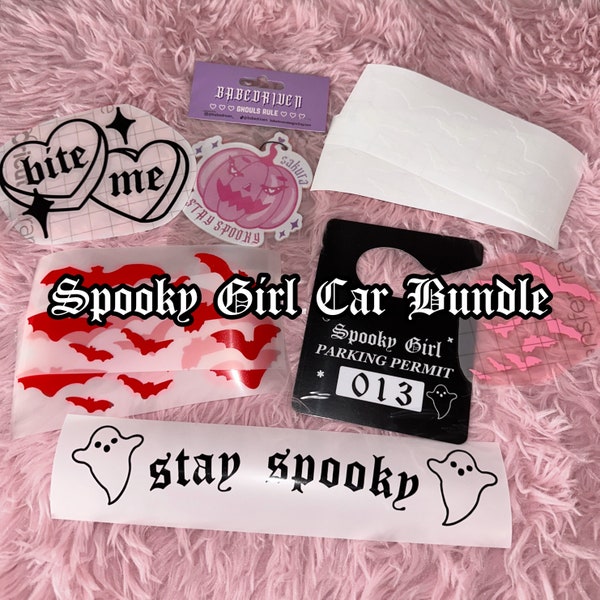 Spooky Girl Bundle Car Accessories / Pumpkin Car Air Freshener / Kawaii Goth Car Decor / Stay Spooky Halloween Ghost Decal