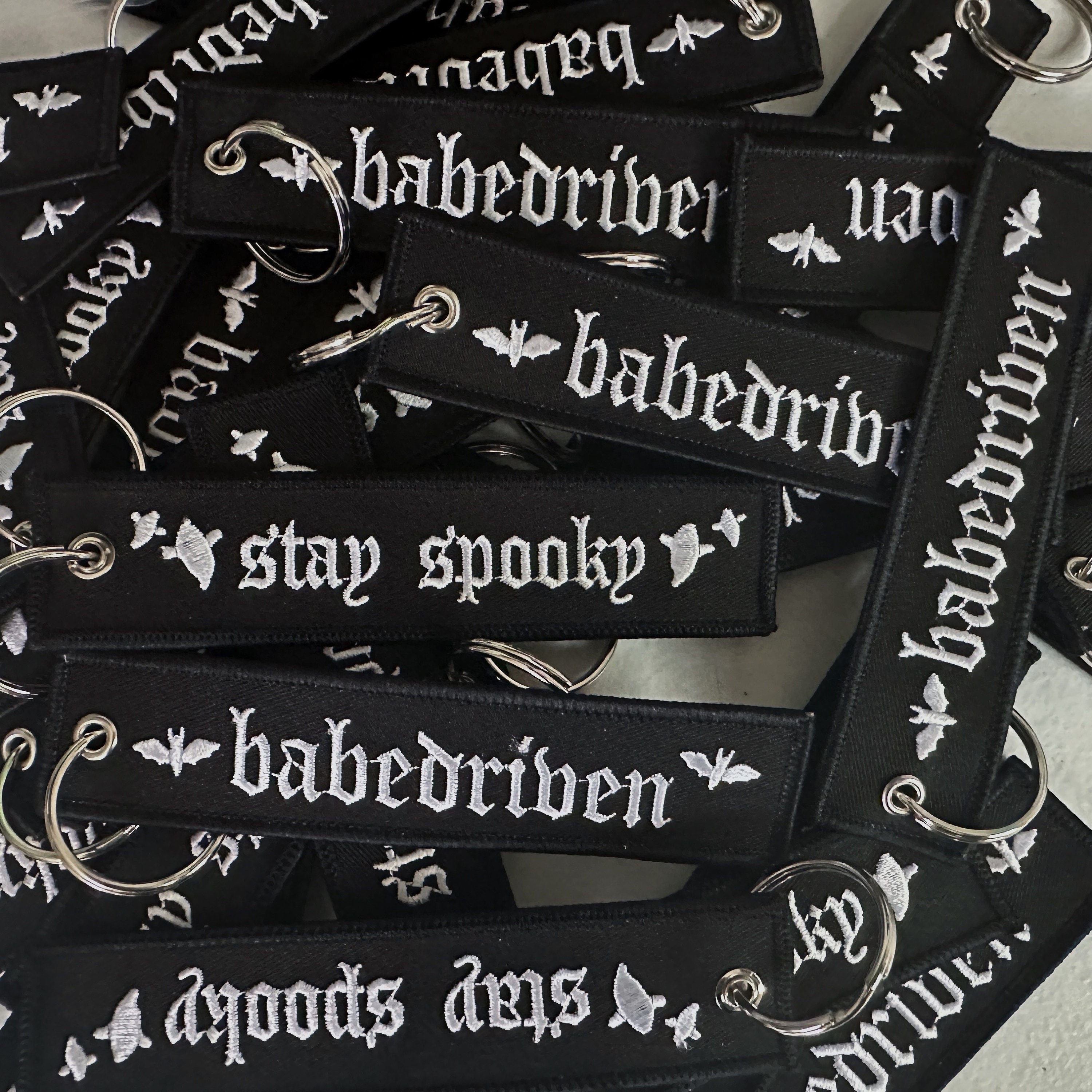 Stay Spooky Jet Tag / BabeDriven Fabric Keytag / Kawaii Halloween Car Girl Accessories / Cute White And Black Gothic Keychain