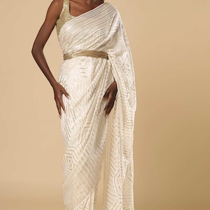 Charlize Luxe Cream Geometric Sequins Georgette One Minute Saree