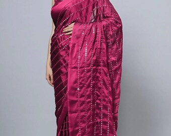 Akila Crepe Silk Wine Mirror Work One Minute Saree