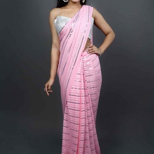 Puja Pink Georgette Silver Sequins One Minute Saree