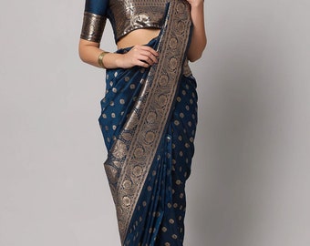 Riya Navy & Gold Full Embroidered Banarasi One Minute Saree