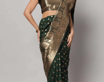 Riya Forest Green & Gold Full Embroidered Banarasi One Minute Saree