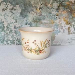 May include: A cream-coloured ceramic planter with a floral pattern featuring brown, green, yellow, and red accents. The planter has a wide, round base and a slightly flared rim.