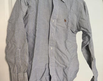 Vintage Ralph Lauren Polo blauw Oxford gestreept overhemd met knoopsluiting