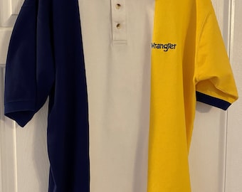 Wrangler Men’s Polo Shirt  Size Large   Vintage   Color block blue/white/yellow  Like new condition