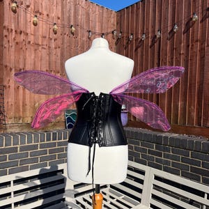 May include: A black corset with lace-up detailing and attached pink and purple fairy wings. The wings are translucent with a shimmering effect. The corset is displayed on a white mannequin against a wooden fence and brick wall.