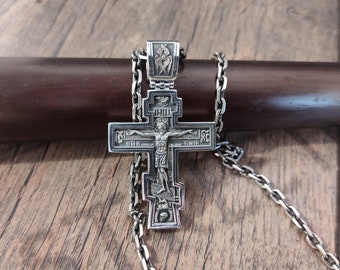 Oxidized Sterling Silver Orthodox Crucifix Necklace - Religious Pendant
