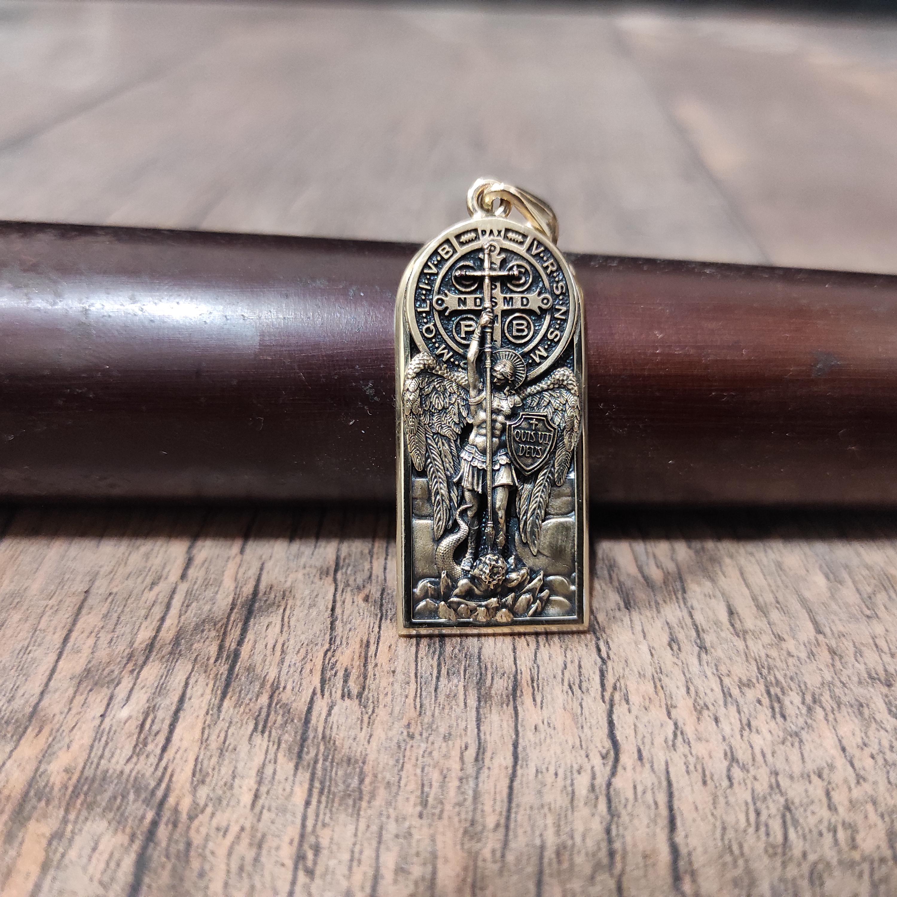 Gold Archangel Saint Michael Necklace: Handmade St. Benedict Exorcism Cross Pendant