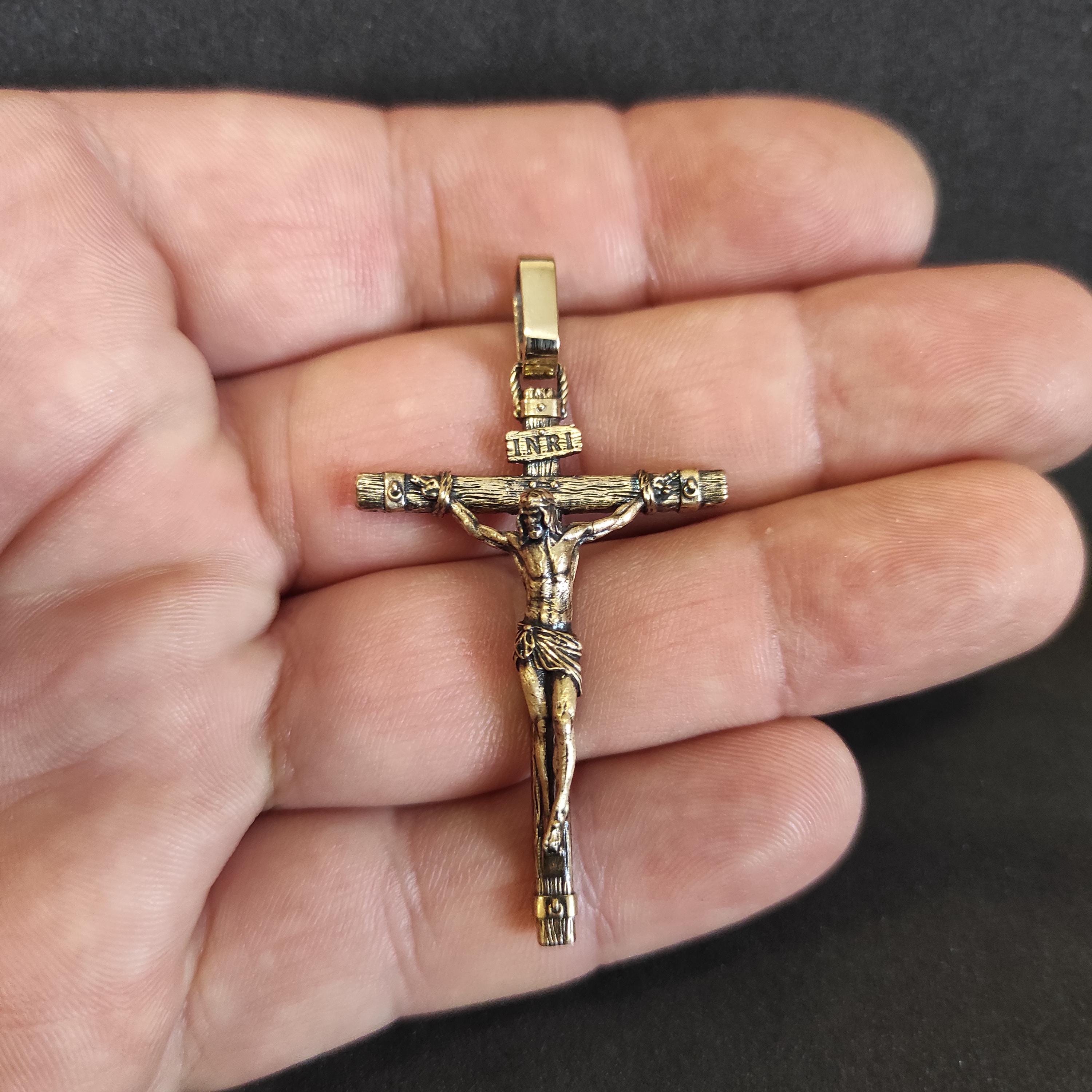 Solid 10k Two-Tone Gold INRI Cross Pendant – Handmade Crucifix Charm On 0.5mm Chain (1.18")
